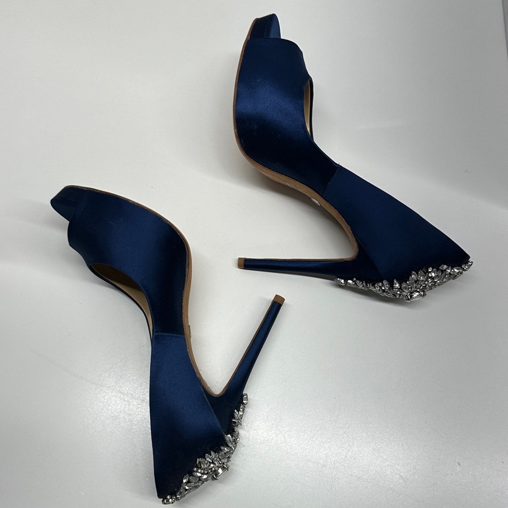 Badgley Mischka Kiara Pumps High Heel Shoes Peep Toe Jeweled Back Blue Size 9 - Picture 6 of 10